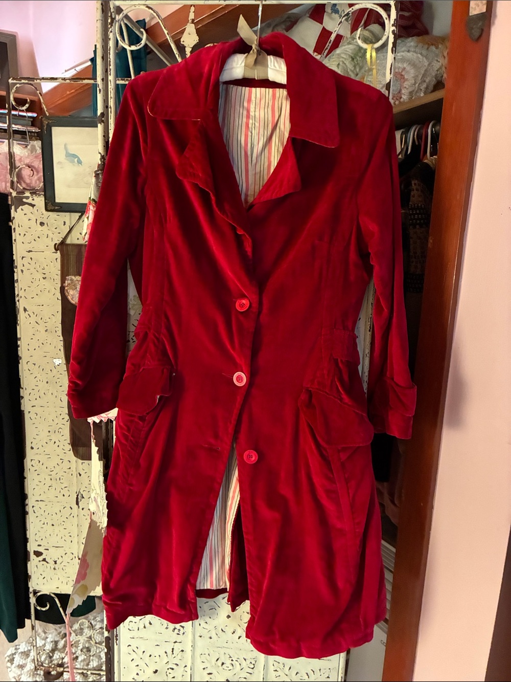 April Cornell Deep Red Velvet Trench Coat
